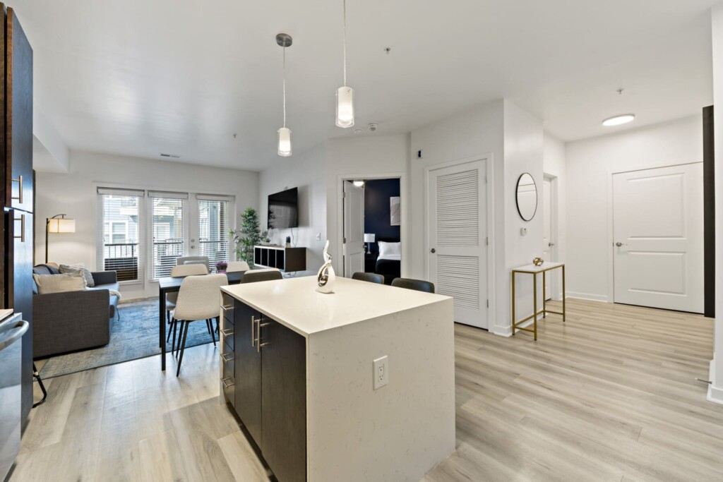 Bright open-plan apartment with kitchen island and living area